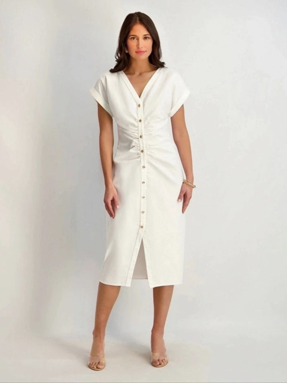 kensie Ruched Button Front Midi Dress in White Size 12 Cotton